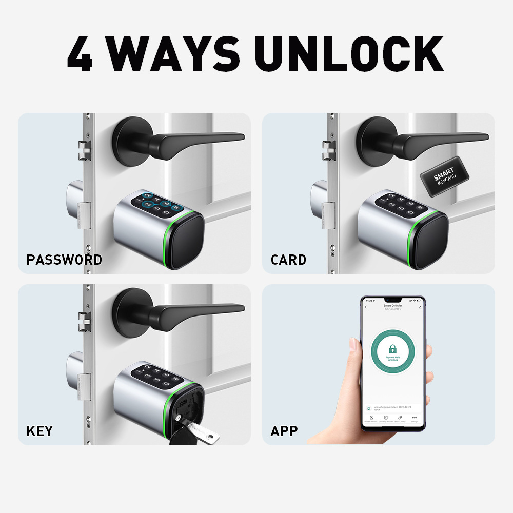 TL-SLC100P Tuya Smart Lock Cylinder – Supports Mobile, Password, IC Card, and Key Unlocking - Image 2