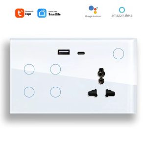 【SOW02-C】147mm Tuya WiFi/Zigbee Smart Switch and Socket, Universal Plug, USB, Type-C