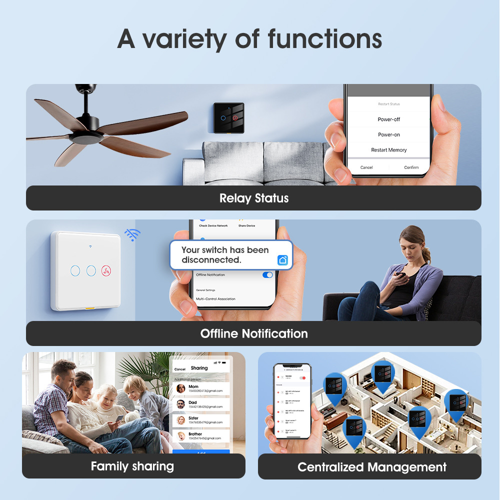 【WST08】EU Tuya WiFi+RF433 Ceiling Fan + Light Wall Touch Switch - Image 5