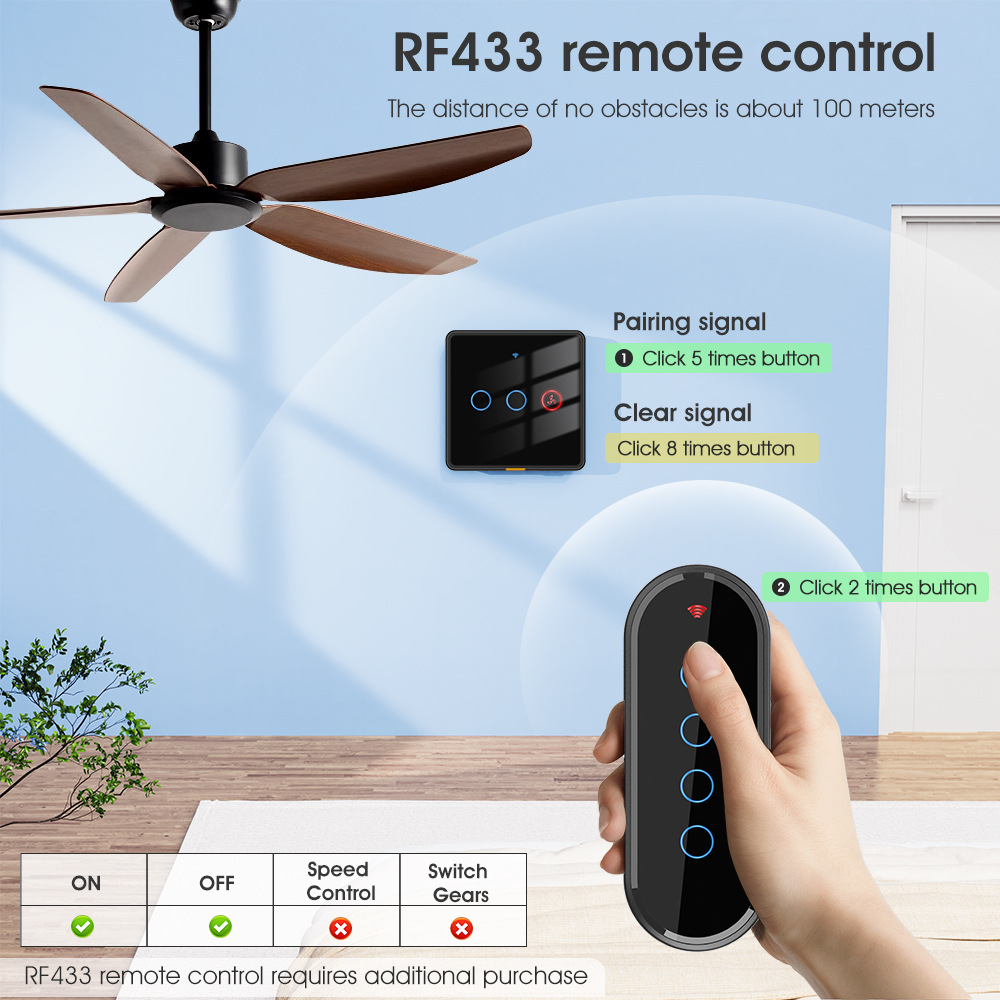 【WST08】EU Tuya WiFi+RF433 Ceiling Fan + Light Wall Touch Switch - Image 8