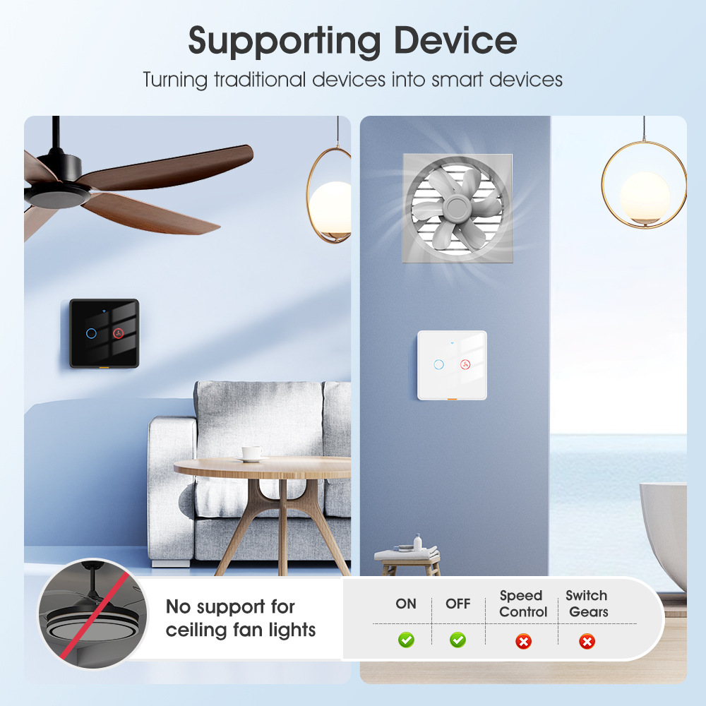【WST08】EU Tuya WiFi+RF433 Ceiling Fan + Light Wall Touch Switch - Image 7