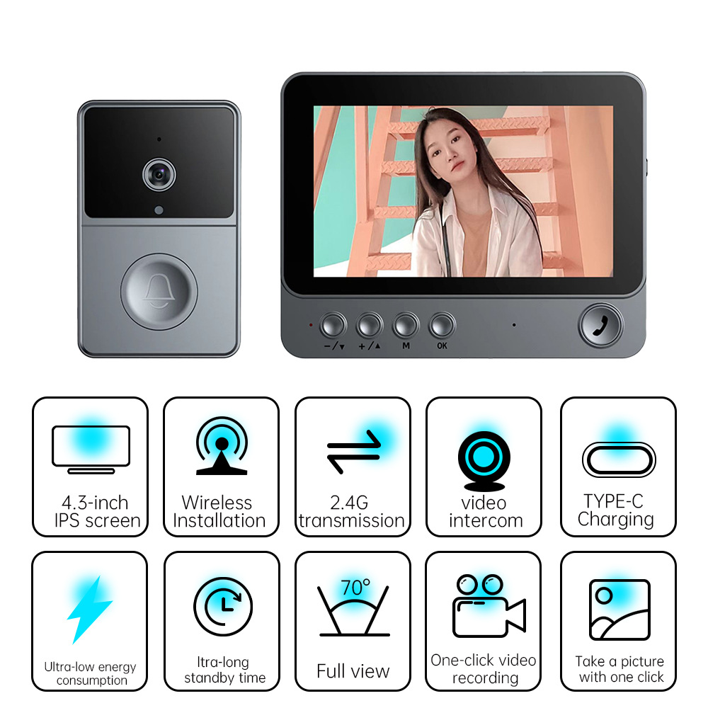 【DBWV03】Wireless Video Doorbell with 4.3-Inch Display | 2.4G Transmission | Two-Way Video Intercom - Image 2