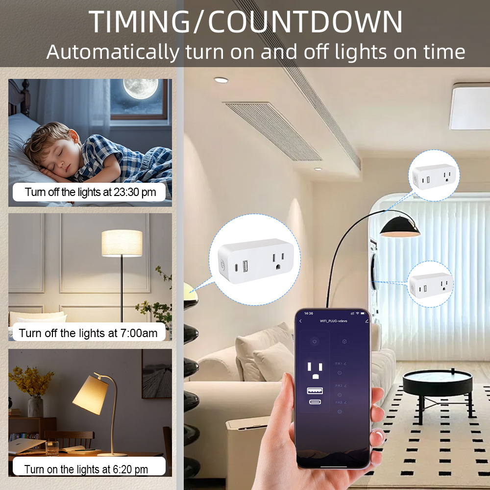 US WiFi Smart Socket USB+Type-C | APP Control & Voice Control & Timer Function - Image 2